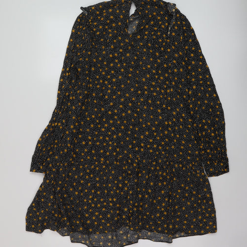 New Look Womens Black Geometric Viscose A-Line Size 12 Mock Neck Button