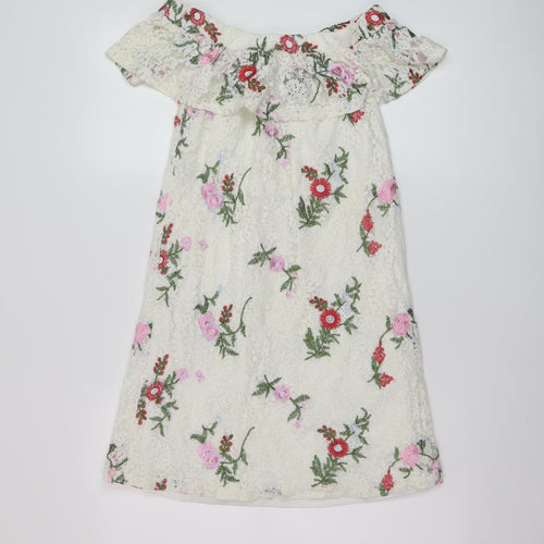 New Look Womens White Floral Cotton A-Line Size 6 Square Neck Pullover