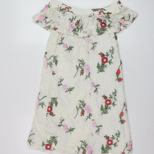New Look Womens White Floral Cotton A-Line Size 6 Square Neck Pullover