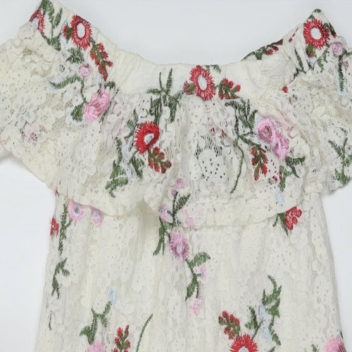 New Look Womens White Floral Cotton A-Line Size 6 Square Neck Pullover