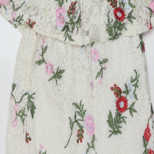 New Look Womens White Floral Cotton A-Line Size 6 Square Neck Pullover