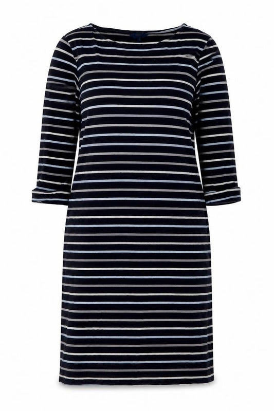Front view of Cotton Traders women’s blue striped cotton a-line, size UK 10, round neck pullover
