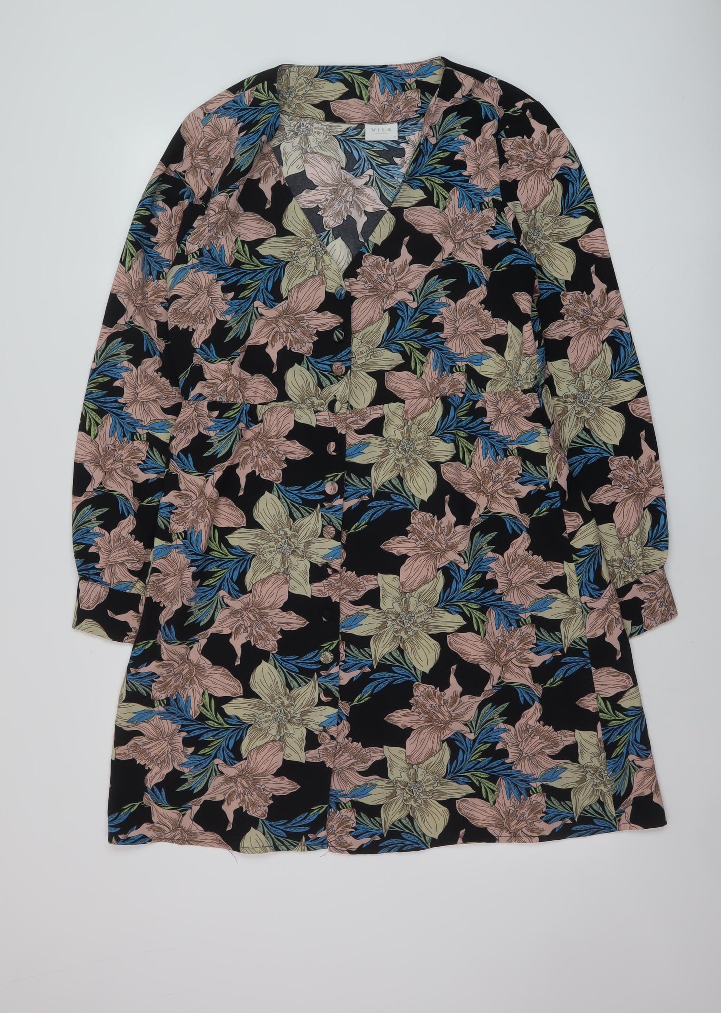 VILA Womens Multicoloured Floral Polyester A-Line Size 10 V-Neck Button
