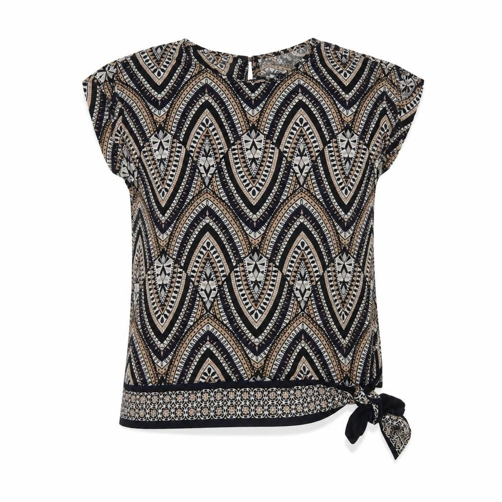 Front view of Wallis women’s multicoloured geometric viscose basic t-shirt, size UK 8, round neck