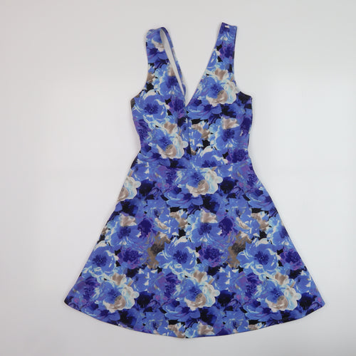 FOREVER 21 Womens Blue Floral Polyester Skater Dress Size S V-Neck Pullover