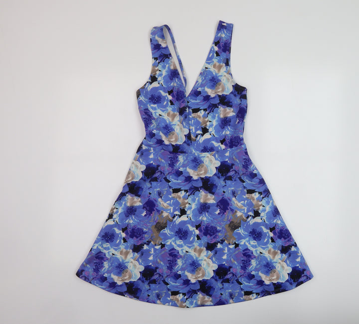 FOREVER 21 Womens Blue Floral Polyester Skater Dress Size S V-Neck Pullover