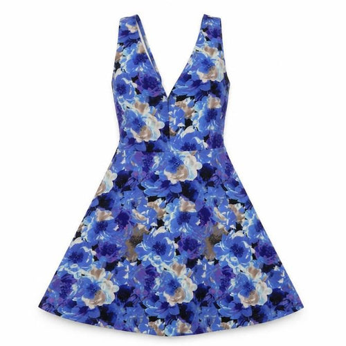 FOREVER 21 Womens Blue Floral Polyester Skater Dress Size S V-Neck Pullover