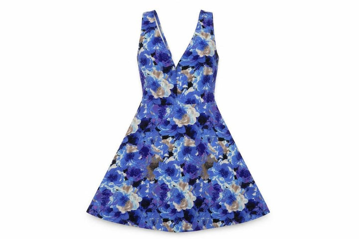 Forever 21 Womens Blue Floral Polyester Skater Dress Size S V-Neck Pullover