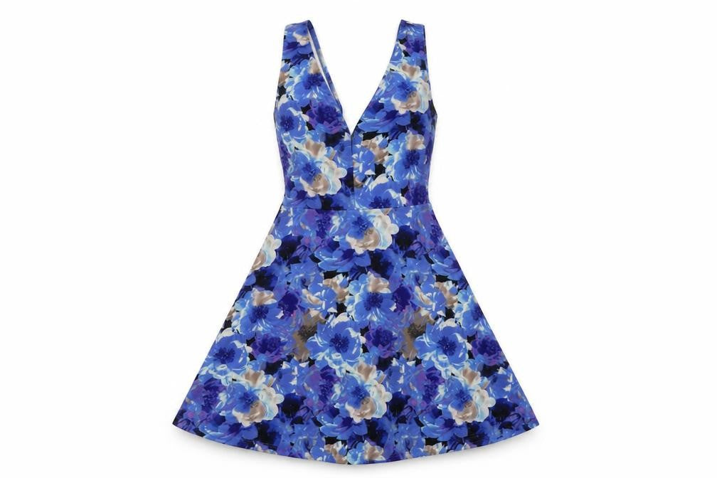 FOREVER 21 Womens Blue Floral Polyester Skater Dress Size S V-Neck Pullover