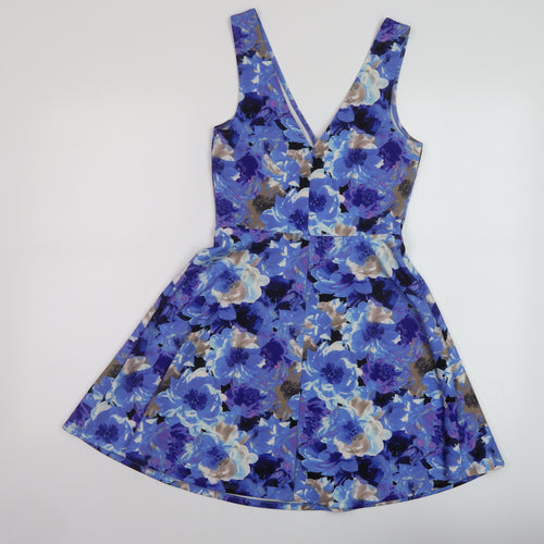 FOREVER 21 Womens Blue Floral Polyester Skater Dress Size S V-Neck Pullover