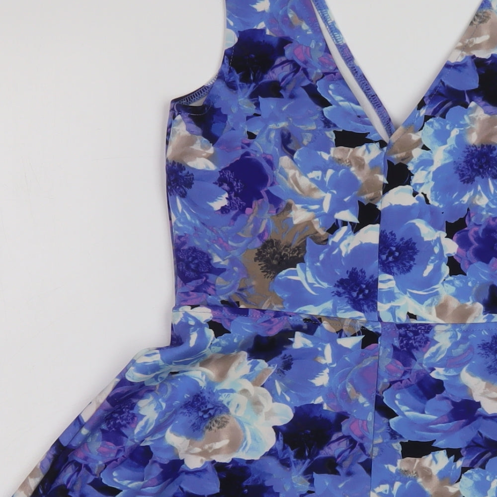 FOREVER 21 Womens Blue Floral Polyester Skater Dress Size S V-Neck Pullover