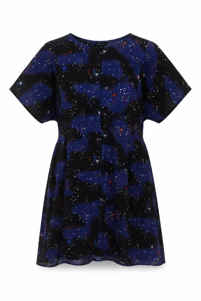 Front view of Monki women’s black geometric polyester a-line, size S, round neck button