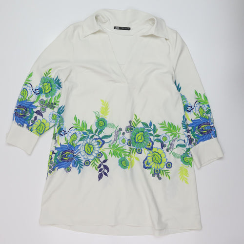 Zara Womens White Floral Polyester A-Line Size S V-Neck Pullover