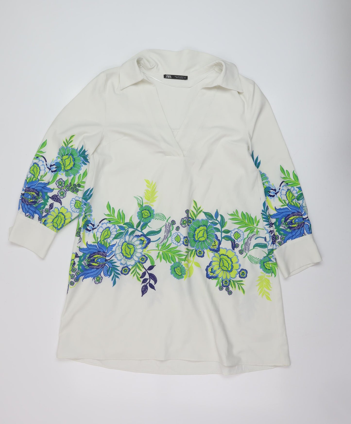 Zara Womens White Floral Polyester A-Line Size S V-Neck Pullover