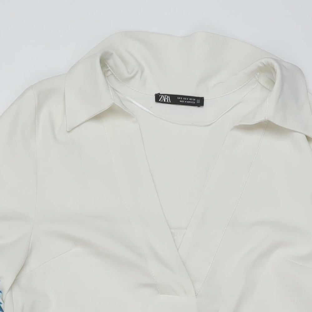 Zara Womens White Floral Polyester A-Line Size S V-Neck Pullover