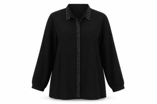 Front view of MICHA women’s black polyester basic button-up, size UK 20, collared