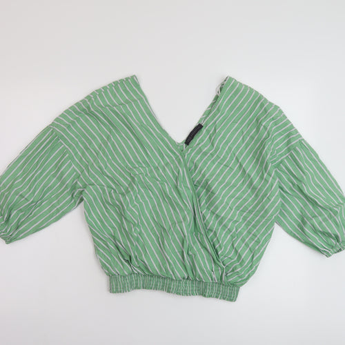 Marks and Spencer Womens Green Striped Cotton Basic Blouse Size 14 V-Neck