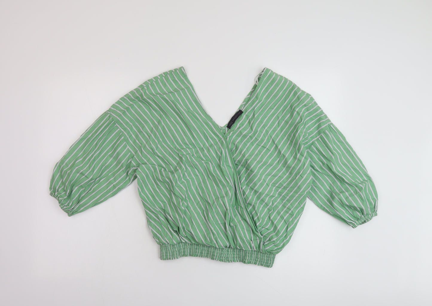 Marks and Spencer Womens Green Striped Cotton Basic Blouse Size 14 V-Neck