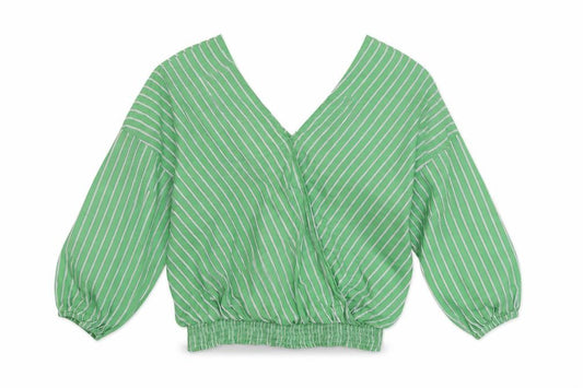 Front view of Marks & Spencer women’s green striped cotton basic blouse, size UK 14, v-neck