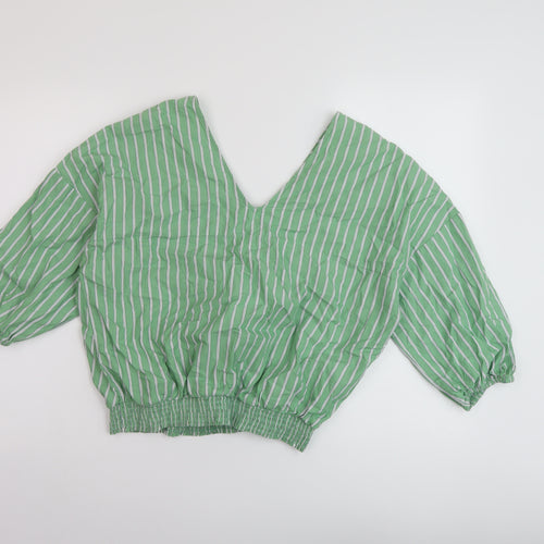 Marks and Spencer Womens Green Striped Cotton Basic Blouse Size 14 V-Neck