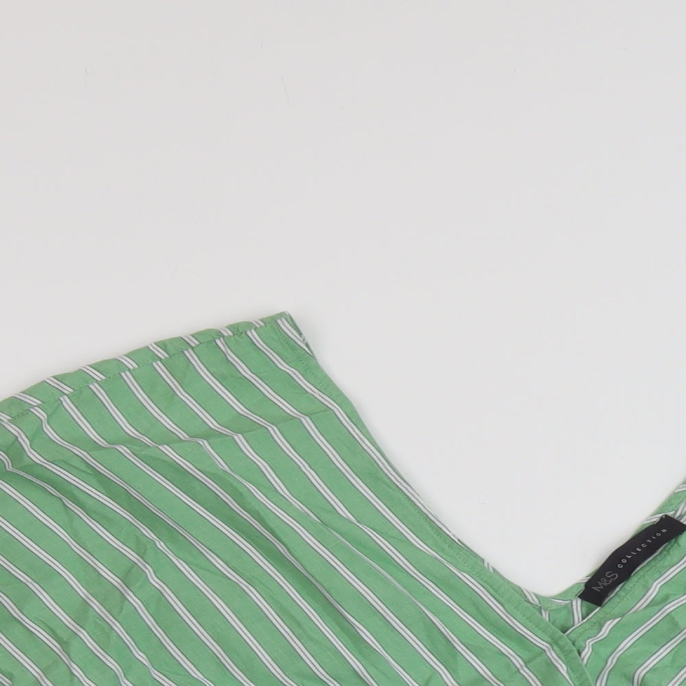 Marks and Spencer Womens Green Striped Cotton Basic Blouse Size 14 V-Neck