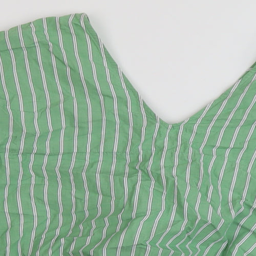 Marks and Spencer Womens Green Striped Cotton Basic Blouse Size 14 V-Neck