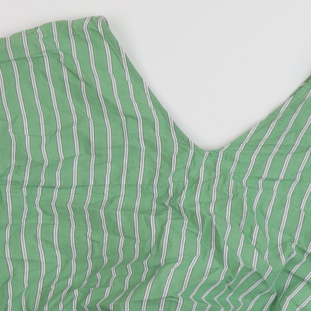 Marks and Spencer Womens Green Striped Cotton Basic Blouse Size 14 V-Neck
