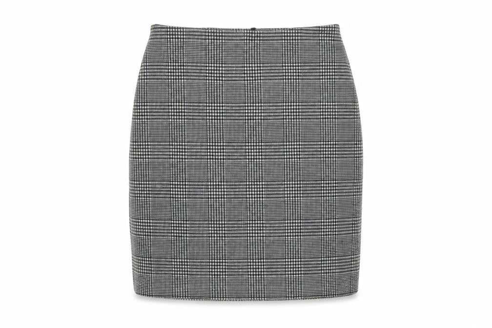 Front view of Marks & Spencer women’s grey plaid polyester mini skirt, size UK 6