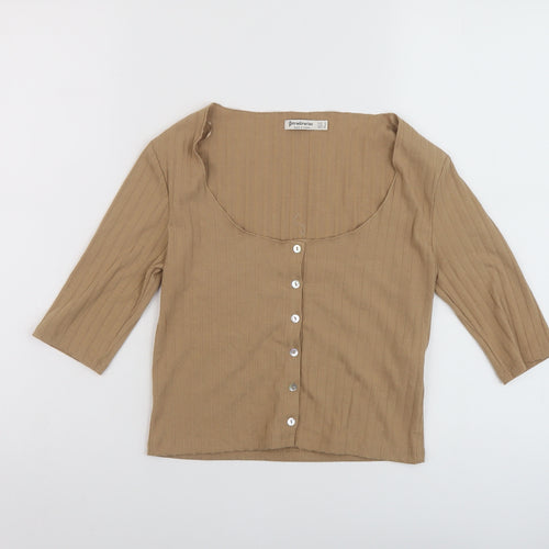 Stradivarius Womens Brown Polyester Cropped T-Shirt Size S Scoop Neck
