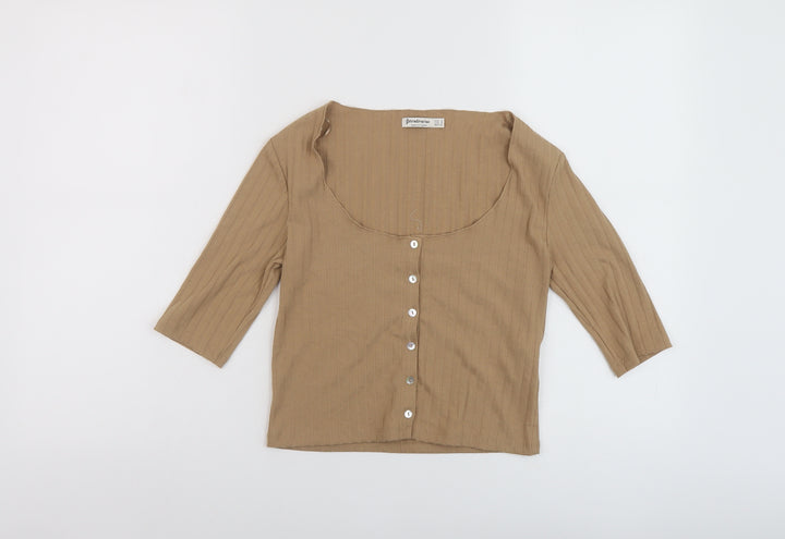 Stradivarius Womens Brown Polyester Cropped T-Shirt Size S Scoop Neck