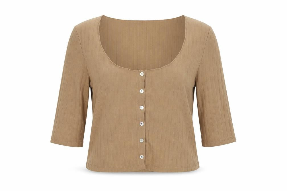 Front view of Stradivarius women’s brown polyester cropped t-shirt, size S, scoop neck