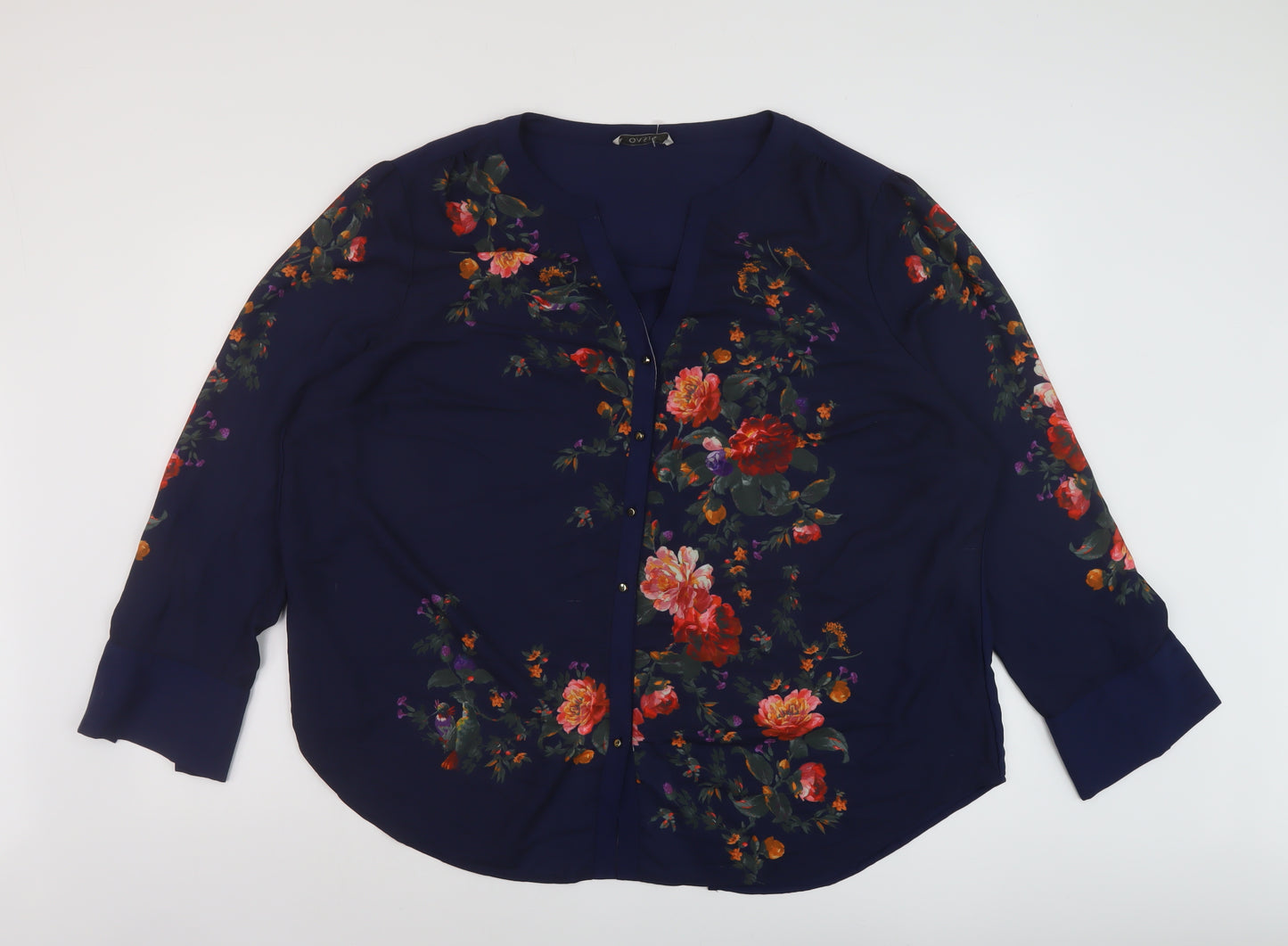 Oasis Womens Blue Floral Polyester Basic Blouse Size 24 V-Neck