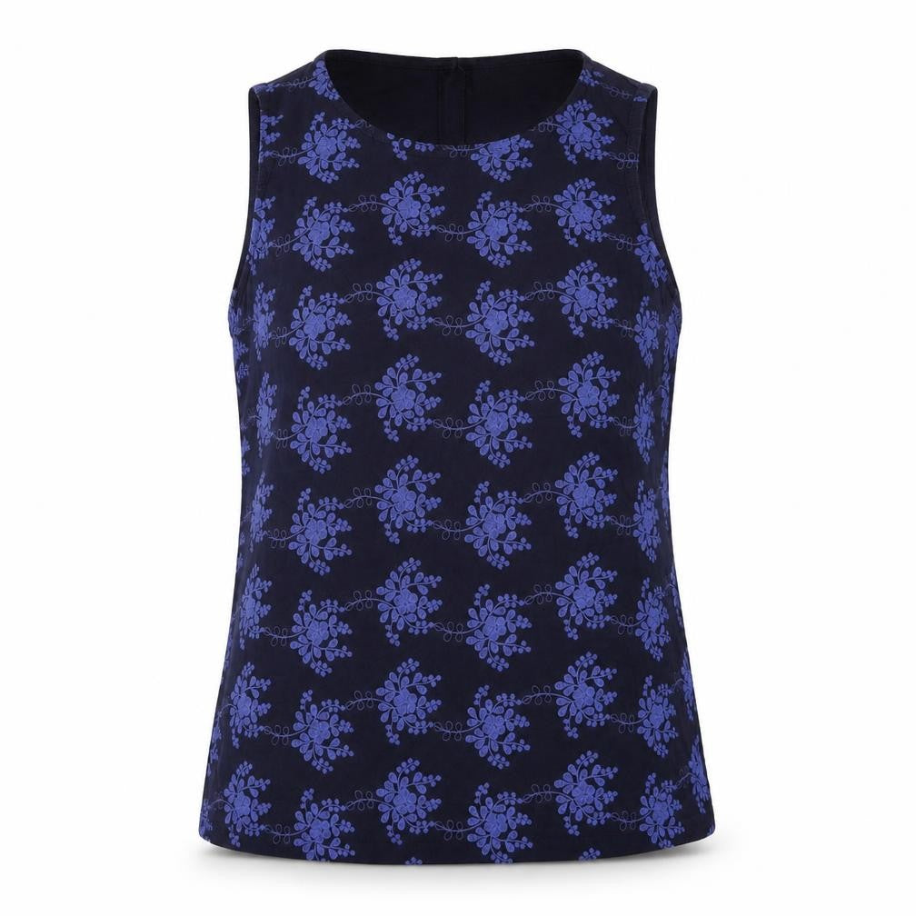 Front view of Next women’s blue geometric cotton basic tank, size UK 10, round neck
