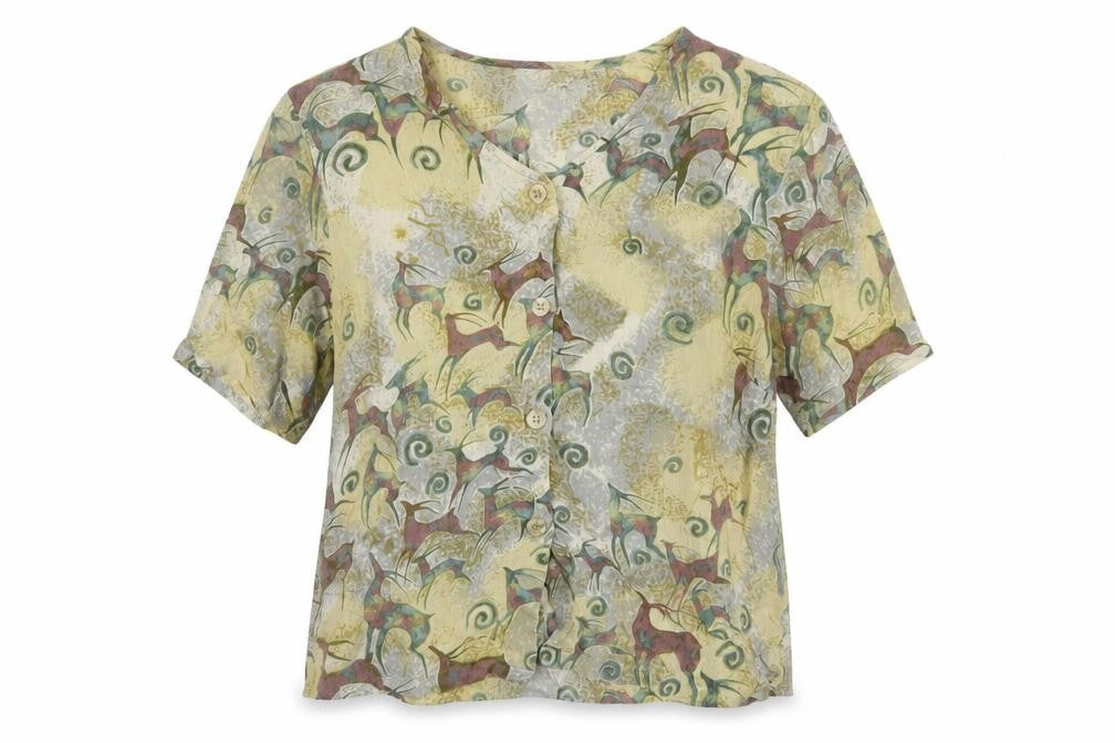 Front view of Adini women’s beige geometric viscose basic t-shirt, size S, v-neck