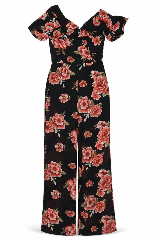 Front view of Select women’s black floral polyester jumpsuit one-piece, size UK 6, zip