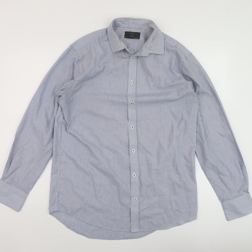 Marks and Spencer Mens Blue Striped Polyester Button-Up Size 15.5 Collared Button