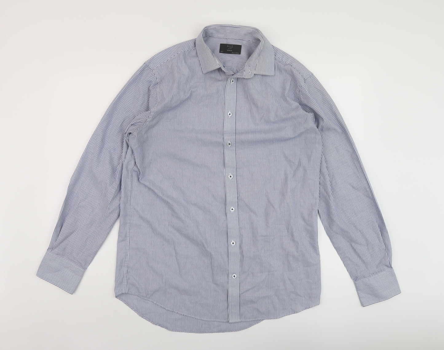 Marks and Spencer Mens Blue Striped Polyester Button-Up Size 15.5 Collared Button