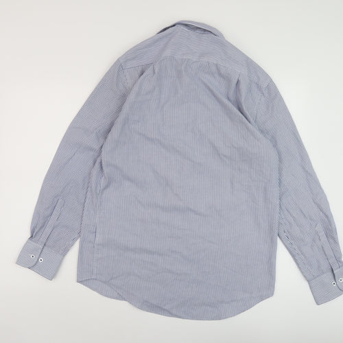 Marks and Spencer Mens Blue Striped Polyester Button-Up Size 15.5 Collared Button