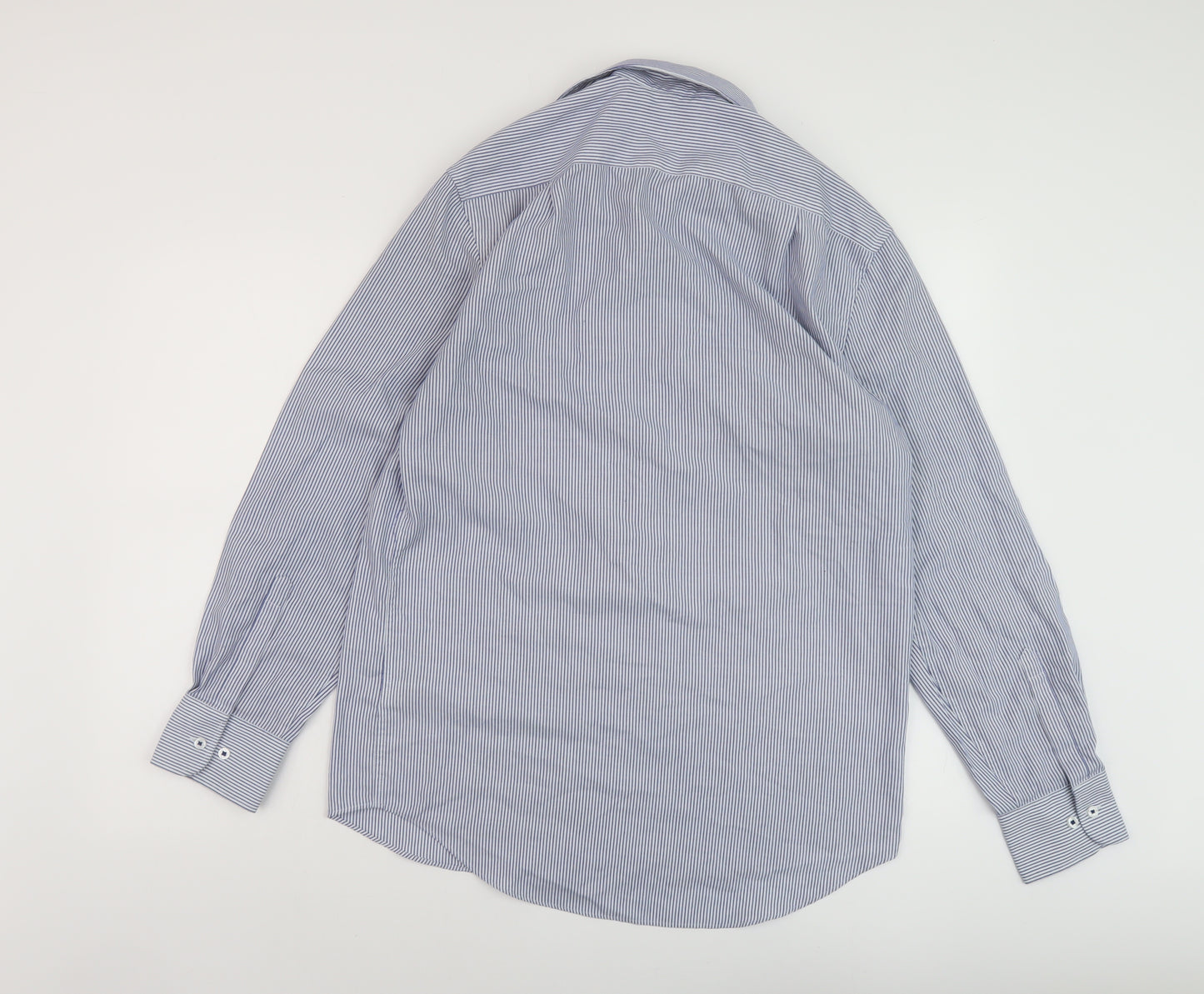 Marks and Spencer Mens Blue Striped Polyester Button-Up Size 15.5 Collared Button