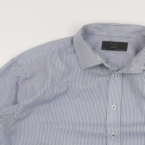Marks and Spencer Mens Blue Striped Polyester Button-Up Size 15.5 Collared Button