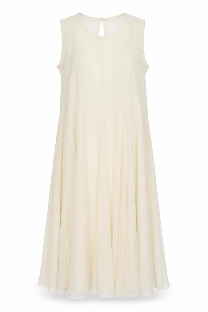 Front view of Marks & Spencer women’s beige polyester a-line, size UK 14, round neck button