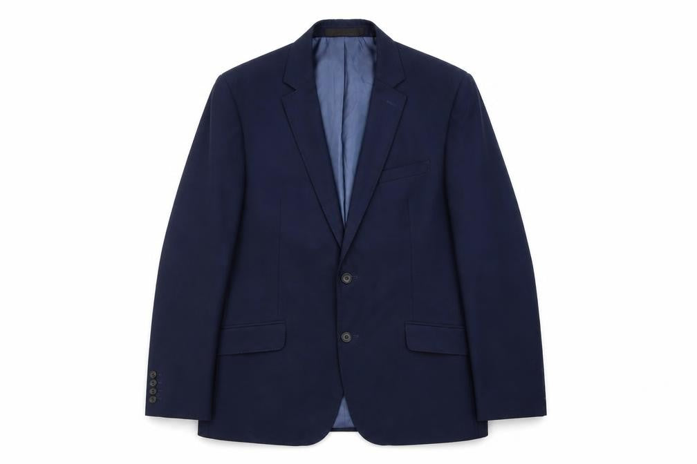Front view of Marks & Spencer men’s blue polyester jacket suit jacket, size 40, regular