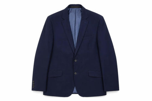 Front view of Marks & Spencer men’s blue polyester jacket suit jacket, size 40, regular