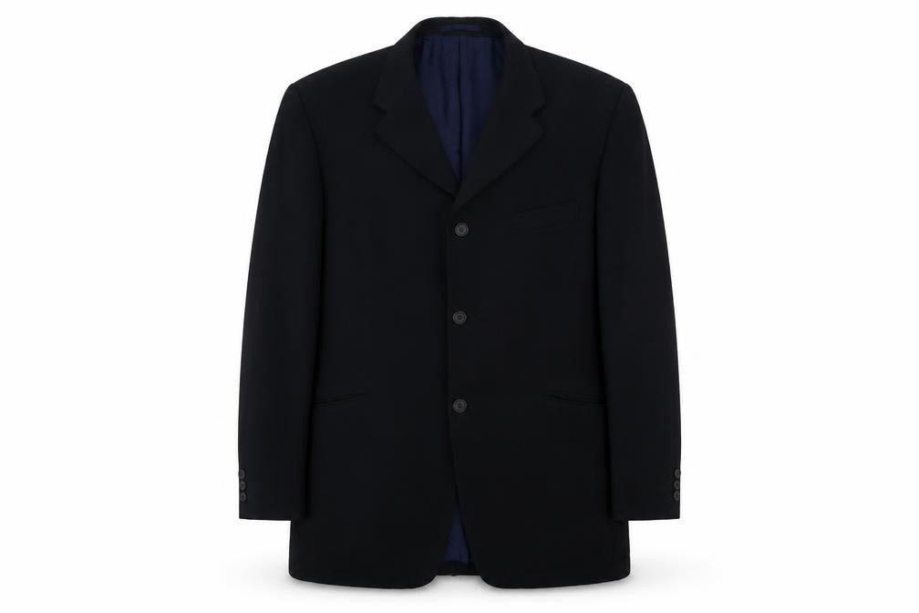 Front view of Jefff Banks men’s blue wool jacket suit jacket, size 44, regular