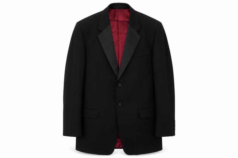 Front view of Dale Rhodes men’s black polyester jacket suit jacket, size 44, regular