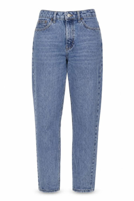 Front view of Topshop women’s blue cotton mom jeans, size UK 26, in, 28-inch leg regular button
