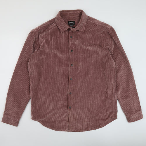 Stradivarius Mens Purple Polyester Button-Up Size L Collared Button