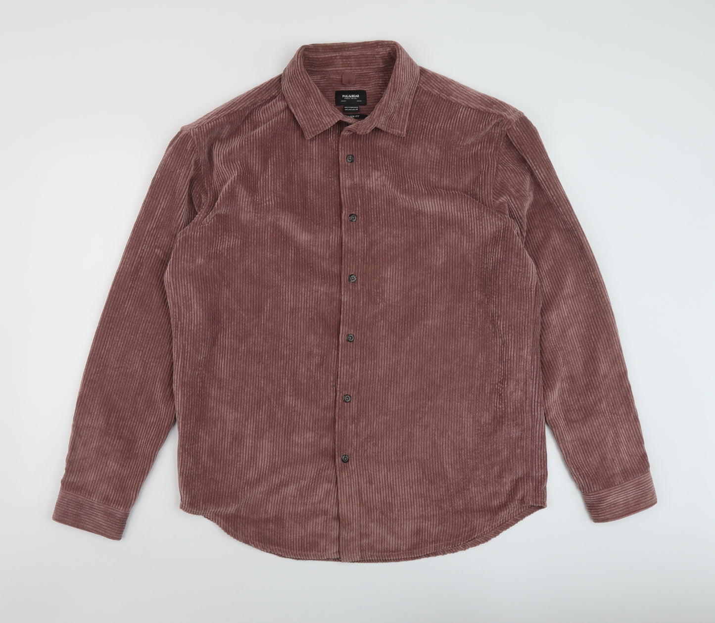 Stradivarius Mens Purple Polyester Button-Up Size L Collared Button