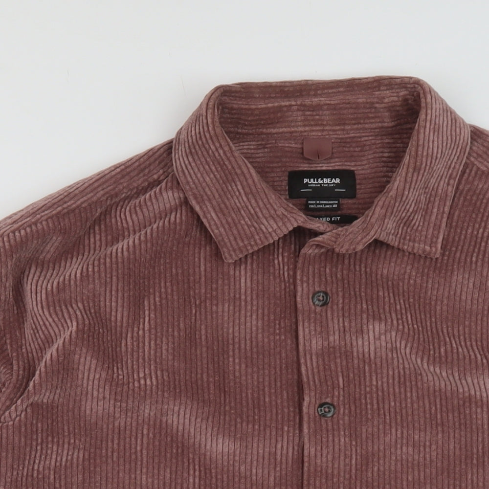 Stradivarius Mens Purple Polyester Button-Up Size L Collared Button