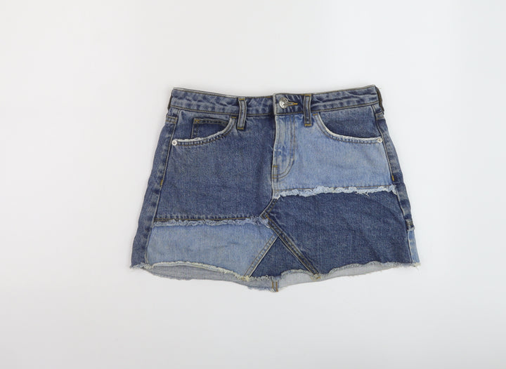 River Island Womens Blue Cotton Mini Skirt Size 8 Button